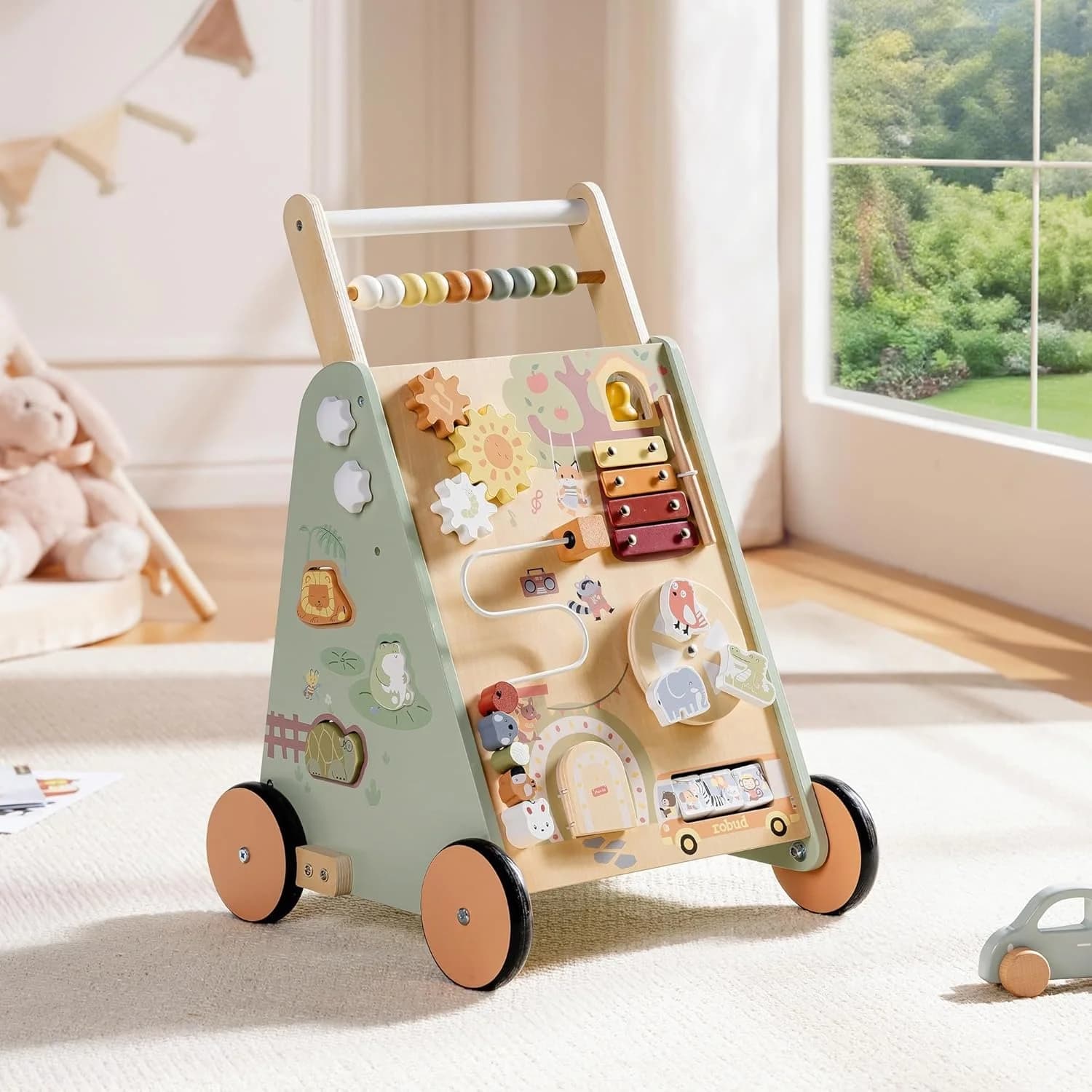 ROBUD Wooden Baby Push Walker, Forest Theme Learning Walking Toys, Adjustable Height Baby Walker with Decelerator, Montessori Toys for Baby Age 10 Months+, WRP37